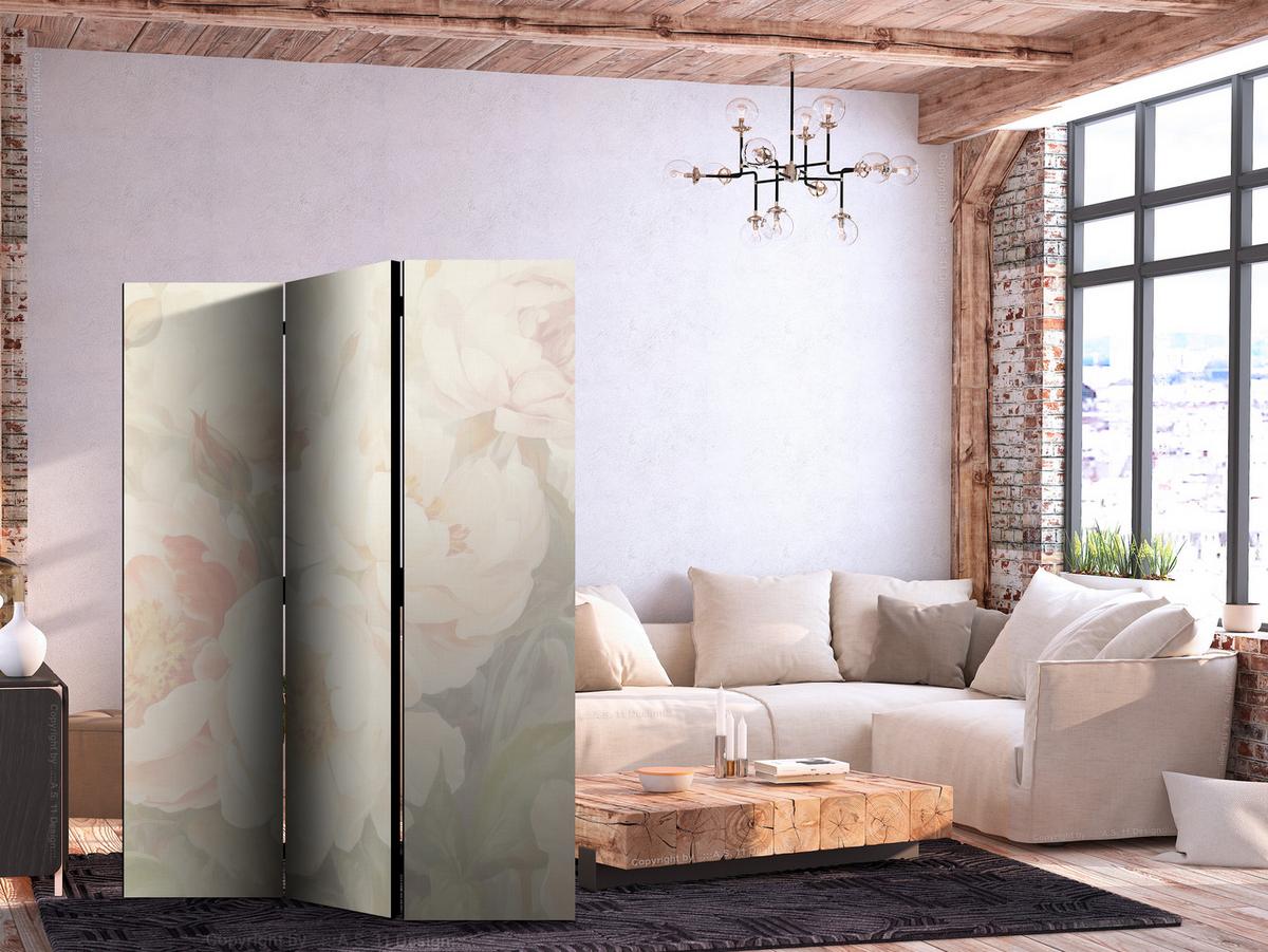 PARAVENT Beidseitig Bedruckter 3-tlg 135x172 cm Pfingstrosen Blumen - Creme, Holz/Textil (135/172/3cm) - Muralo