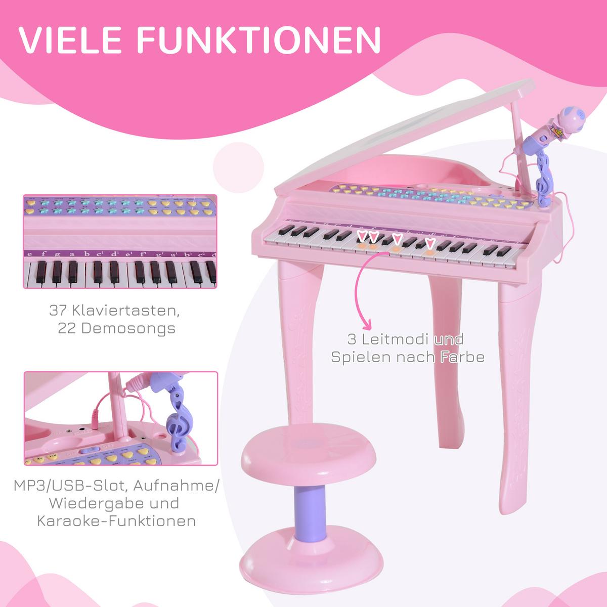 KINDER Klavier Piano Keyboard Musikinstrument MP3 USB 37 Tasten mit Hocker - Rosa, Kunststoff (39/69/48cm) - HOMCOM