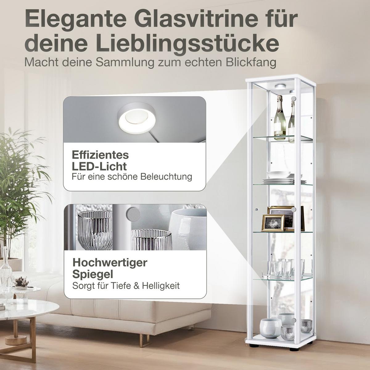 GLASVITRINE 33/37/176 cm mit Spiegel, LED & 4 höhenverstellbaren Glasböden - Transparent/Silberfarben, Glas/Holzwerkstoff (37/176/33cm) - K-Möbel