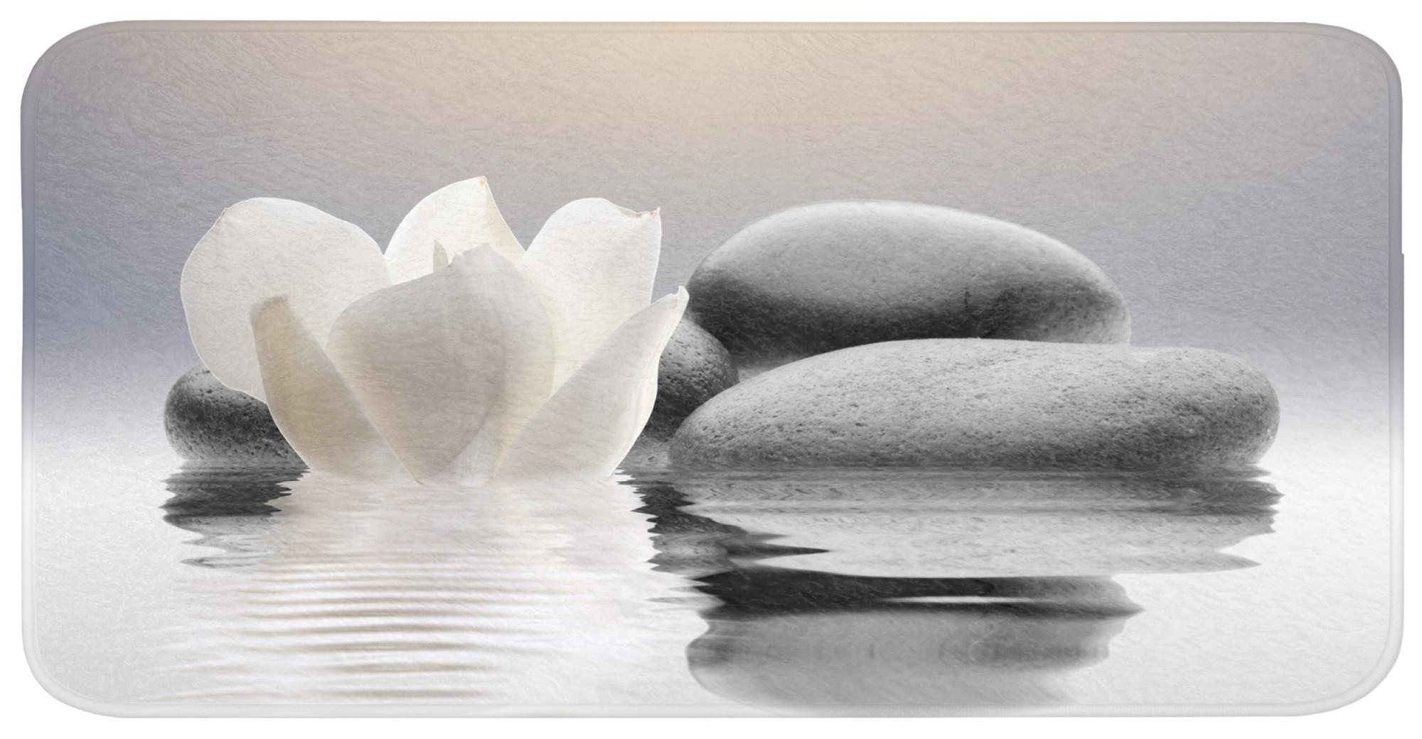 BADEMATTE Steine - Lotus - Weiß - Wasser - Zen Badezimmerteppich 120x60 cm - Weiß, Textil (120/60cm) - OnlyWow