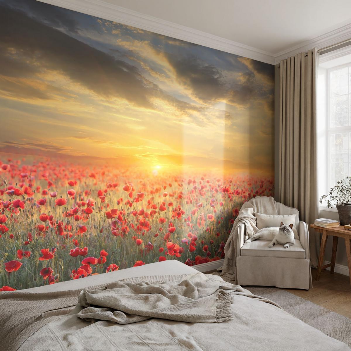 FOTOTAPETE 152x104 cm - Mohnfeld - Rot, Textil (152/104cm) - Wallfluent