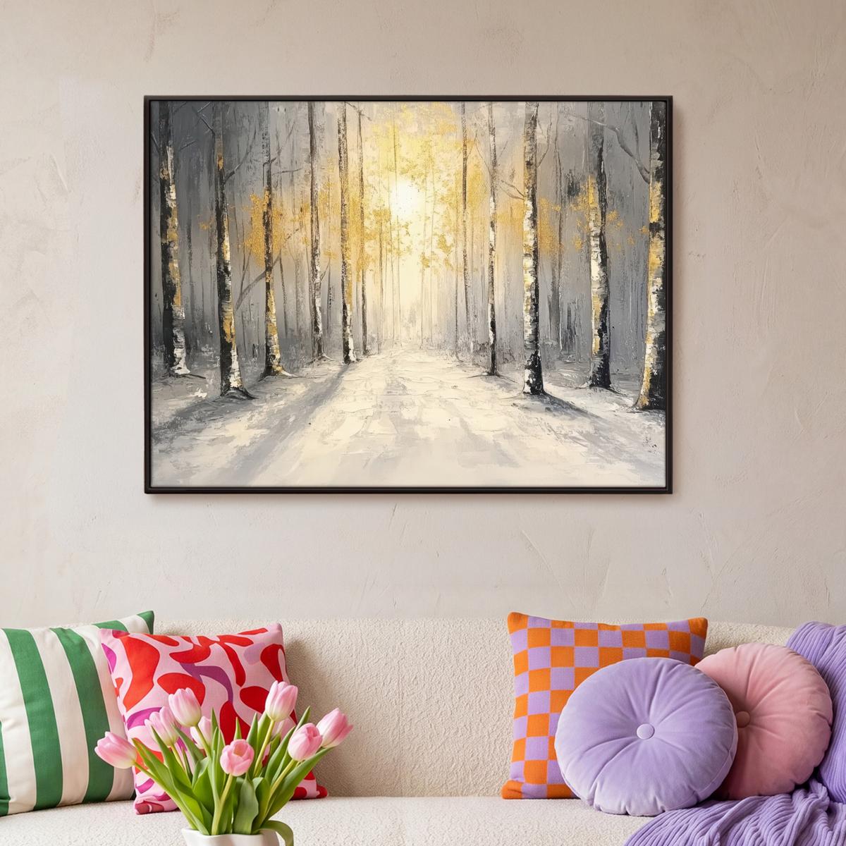 LEINWAND Bilder mit Rahmen - Winter - Abstrakt - Schnee - Natur - Sonne - 100x70 - Grau, Textil (100/70cm) - MuchoWow