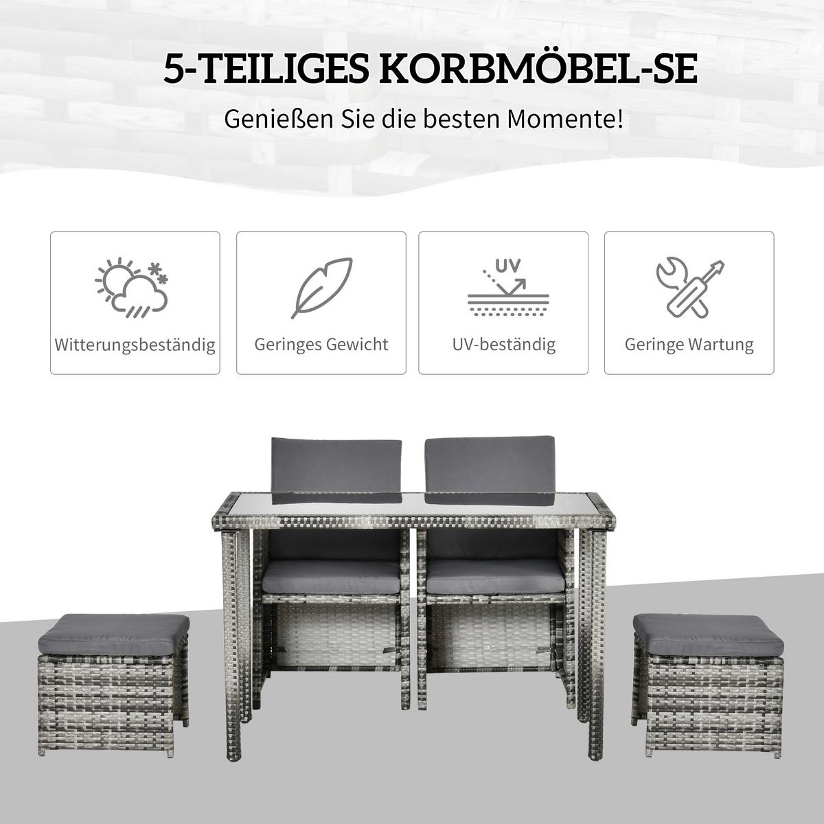 GARTENSET Garnitur 5 tlg. mit Kissen, Grau - Grau, Kunststoff - Outsunny