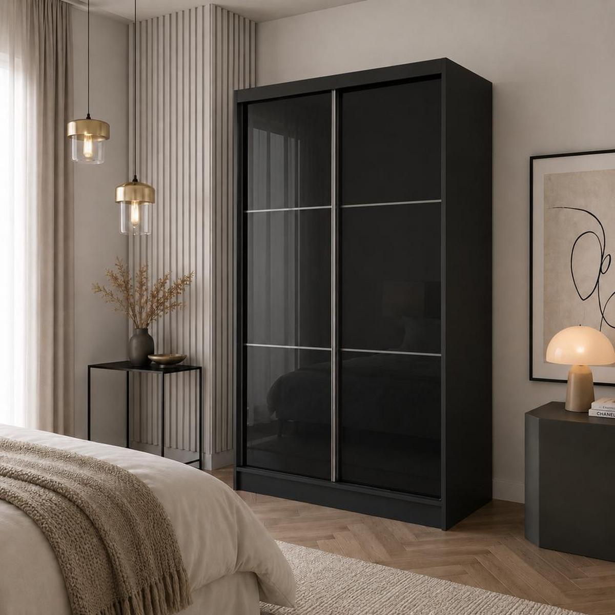 SCHWEBETÜRENSCHRANK Viva II 120/216/61 schwarz mit Spiegel und Schubladen - Schwarz, Holzwerkstoff (120/216/61cm) - Beautysofa
