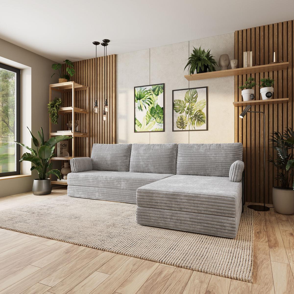 ECKSOFA ANKO modulares Boneless Sofa mit Schlaffunktion Hellgrau Kordstoff - Grau, Textil (270/160cm) - MASSENO