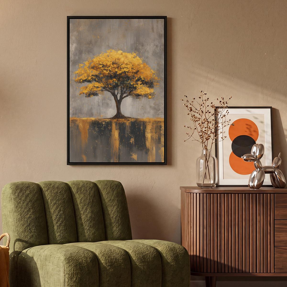LEINWAND Bilder mit Rahmen - Baum - Blätter - Gold - Abstrakt - 60x90 - Grau, Textil (60/90cm) - MuchoWow
