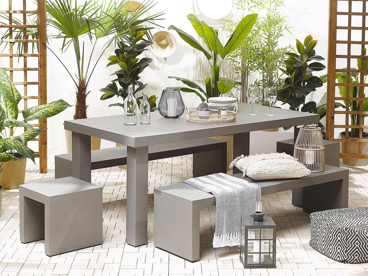 GARTENMÖBEL SET 6-Sitzer Beton grau 2 Bänke U-Form 2 Hocker Taranto - Grau, Stein - Beliani