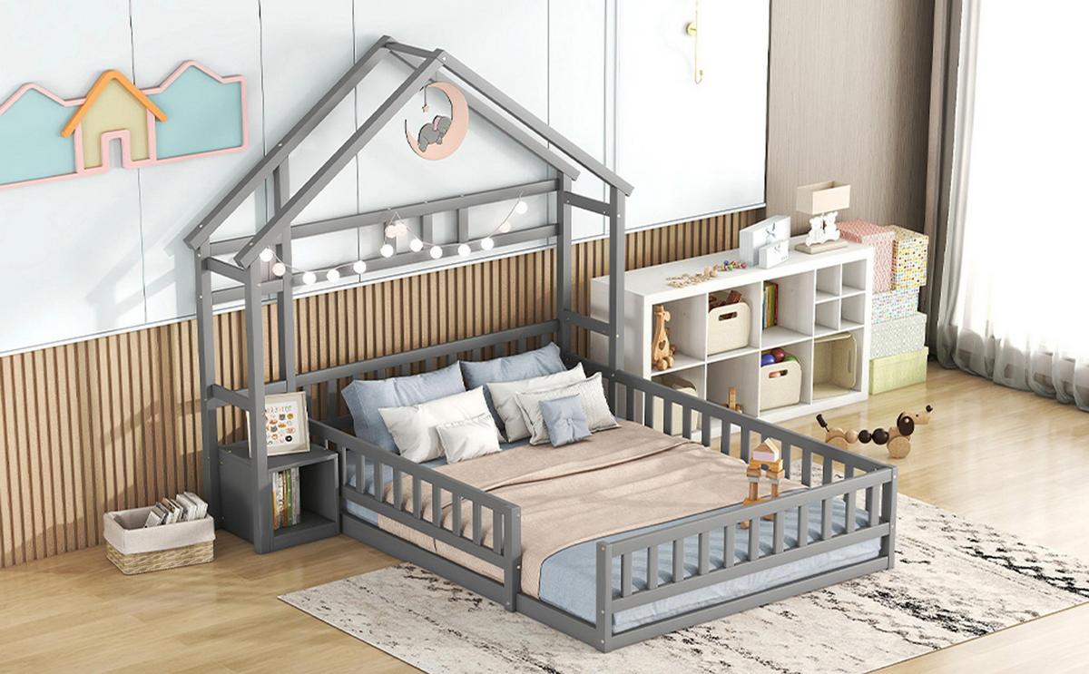 KINDERBETT 140x200 cm Hausbett Grau – Massivholz Bett mit Geländer & Nachttisch - Grau, Holz - Urban Meuble