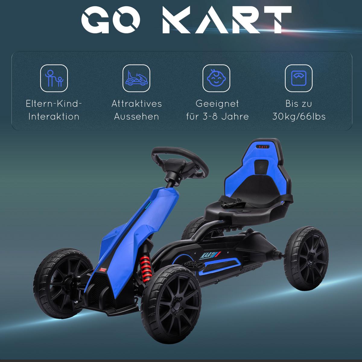 KINDER GO KART TRETAUTO, Blau/Rot, Metall+ Kunststoff - Blau, Metall (100/58/58.5cm) - HOMCOM