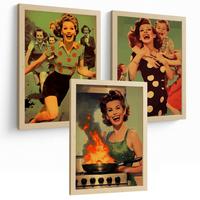 POSTER 3er Bilder-Set Wandbilder Retro Pin-up modern Wohnzimmer Deko, Schlafzimmer, Küche, Badezimmer Leichter Holzrahmen A4 - Beige, Papier (29.7/1/21cm) - Nacnic