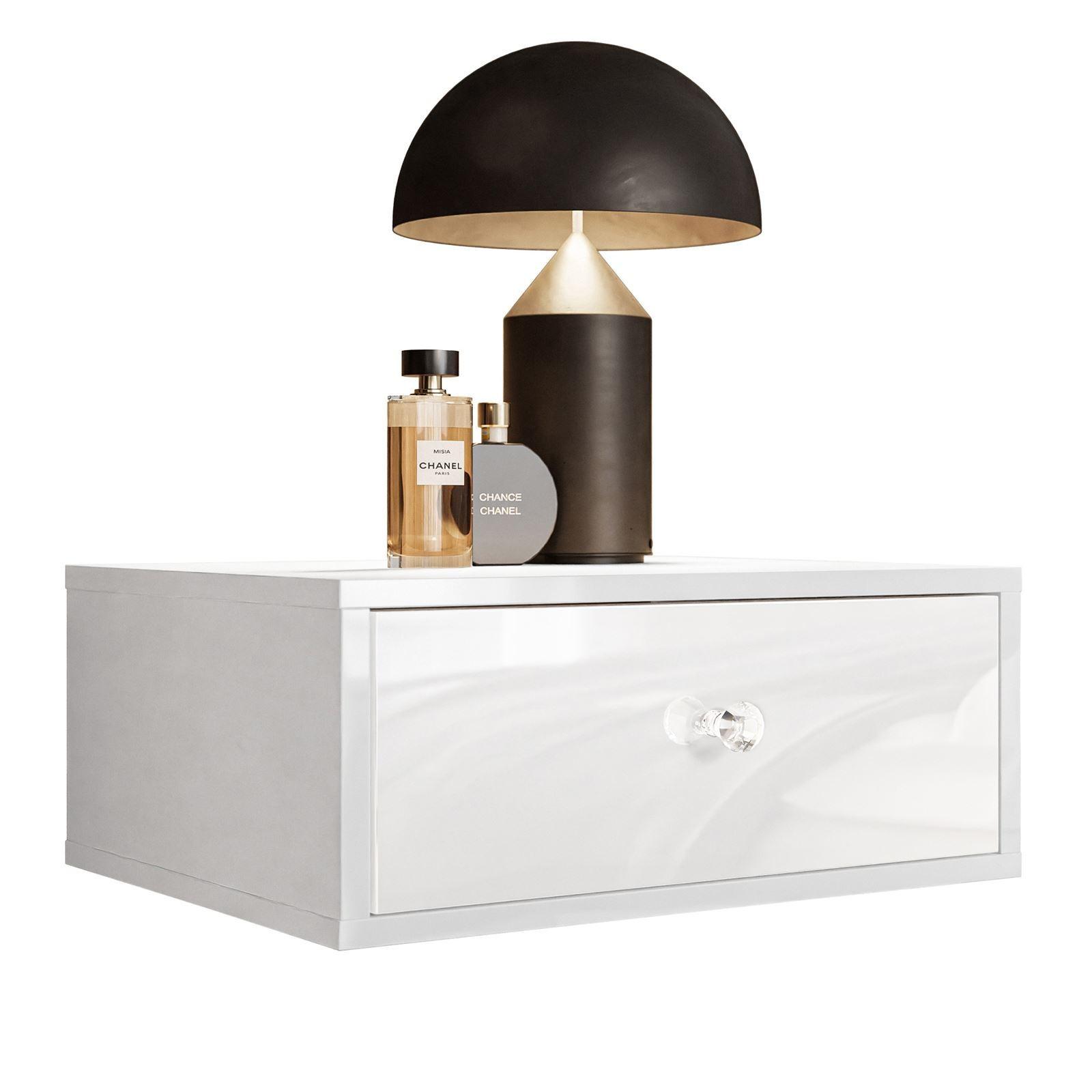 HÄNGENDER Nachttisch BLANCO Hochglanz Weiß LED Kristallgriff - Weiß Hochglanz, Holzwerkstoff (45/20/36.6cm) - Lookway
