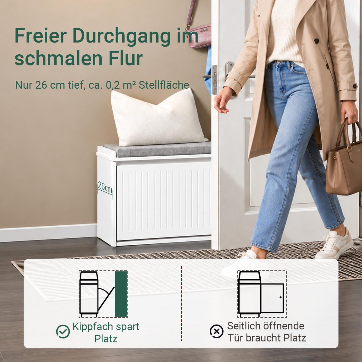 SCHUHBANK weiß, 80 x 45 x 26 cm, Sitzfläche bis 150 kg, 1 Klappe für 6 Paar bis EU 46, abnehmbares Sitzpolster - Weiß, Holzwerkstoff (80/45/26cm) - SoBuy