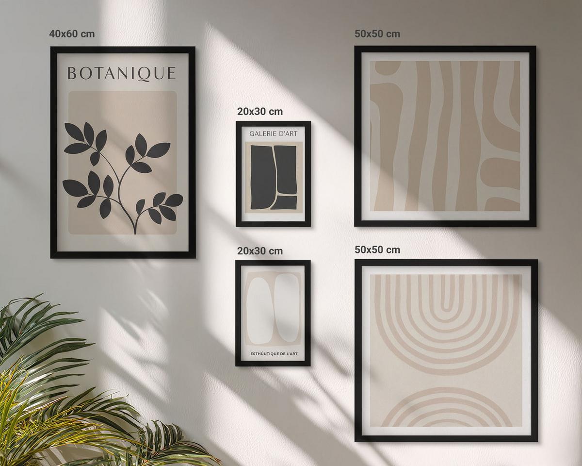 BILDER SET 5er Set - 50x50 cm & 20x30 cm & 40x60 cm Schwarzer Rahmen - Boho-Pflanzenposter - Schwarz, Kunststoff (40/60cm) - TULUP
