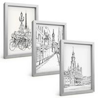 BILDER SET 3er Set - 20x30 cm Silberner Rahmen - Einfache Zeichnungen von Stadtlandschaften - Silberfarben, Kunststoff (20/30cm) - TULUP