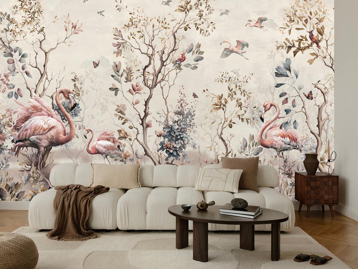 FOTOTAPETE für Wohnzimmer Wunderschöne Flamingos Natur Schmetterlinge 100x70 - Multicolor, Papier (100/70cm) - Muralo