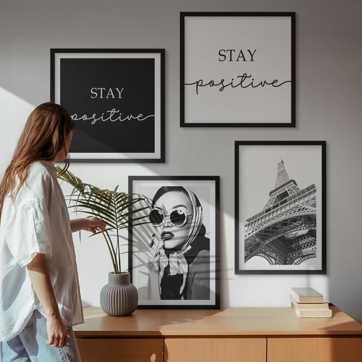 BILDER SET 4er Set - 50x50 cm & 40x60 cm Schwarzer Rahmen - Porträts, Eiffelturm-Slogans - Schwarz, Kunststoff (50/50cm) - TULUP