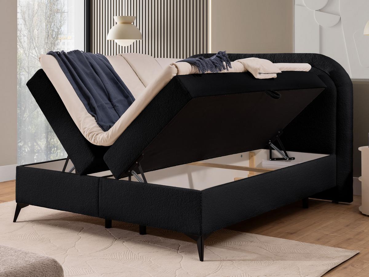 BOXBETT Sonna 200/200 cm Schwarz Bouclé-Stoff mit abgerundetem Kopfteil und mit schwarzen Metallfüßen - Schwarz, Holz/Textil (200/200cm) - S-Style Möbel