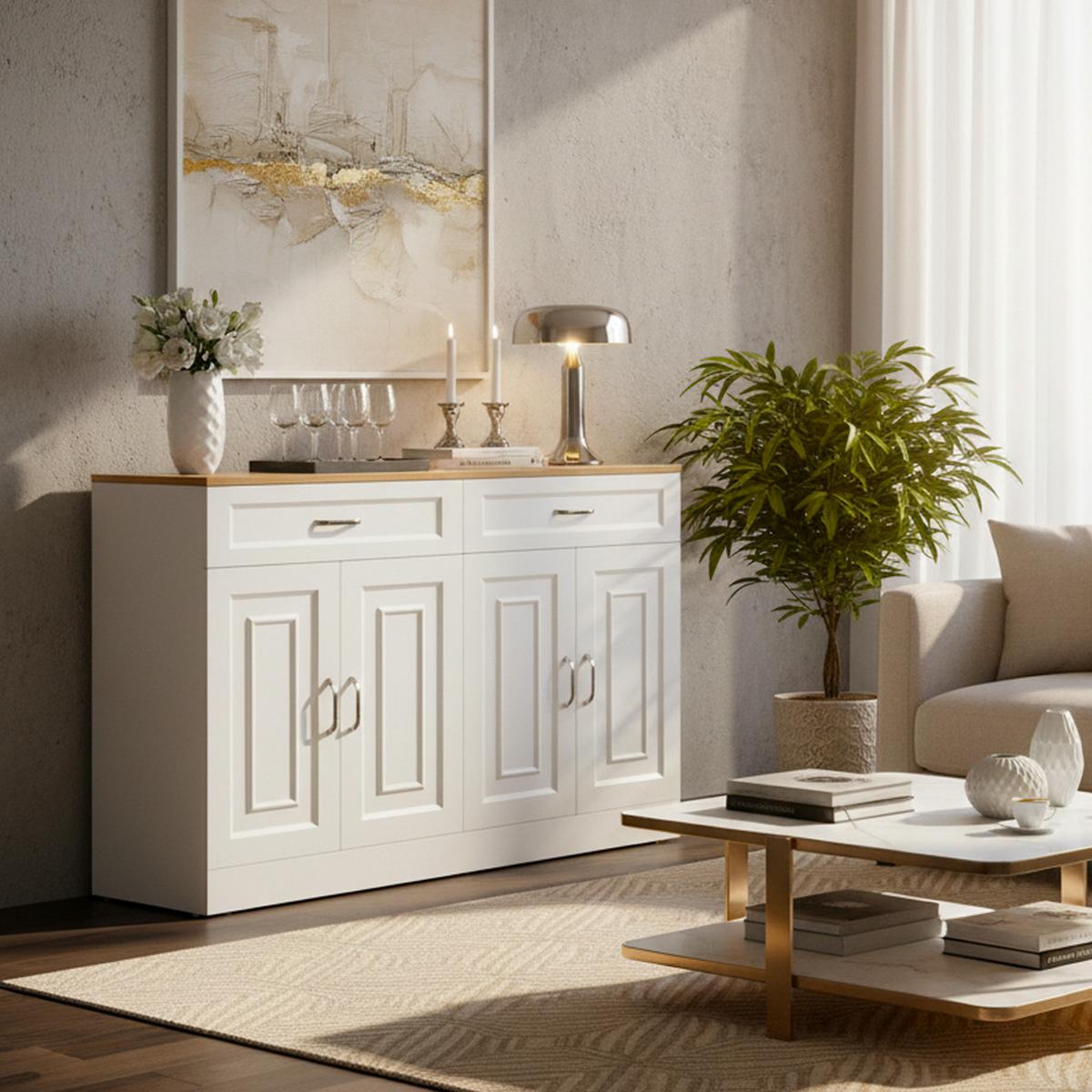 SIDEBOARD mit Regalen und Rebounder 4 Türen, 2 Schubladen, verstellbare Einlegeböden Natürliche Holzmaserung und Weiß - Weiß, Holzwerkstoff (120/81/35cm) - Urban Meuble