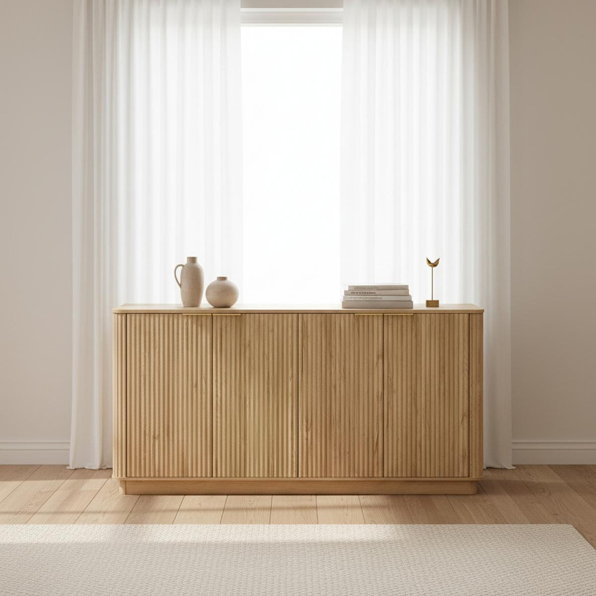 BUFFET in Heller Holzoptik mit Geriffelter Front, Beige - Naturfarben, Holzwerkstoff (40/80/160cm) - Urban Meuble