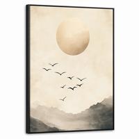 LEINWAND Bilder mit Rahmen - Landschaft - Japandi - Vogel - 70x100 - Beige, Textil (70/100cm) - MuchoWow