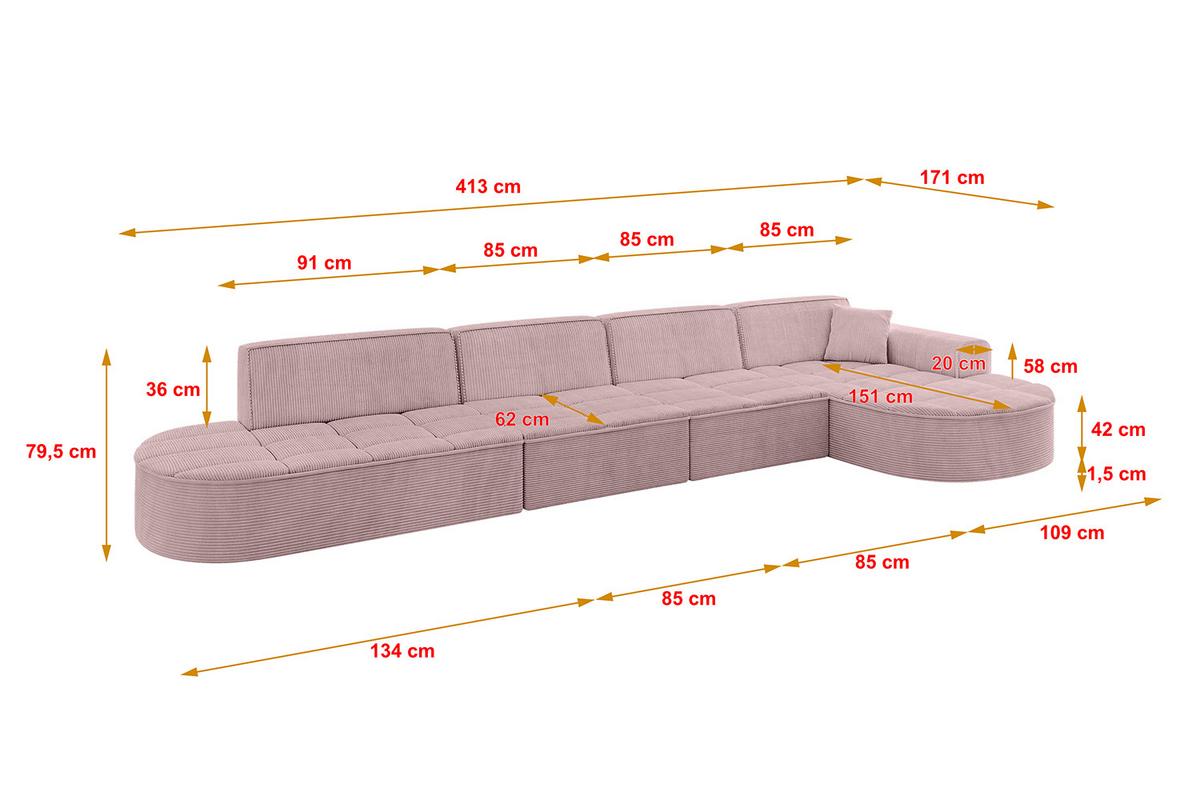 ECKSOFA Ottomane Rechts TARO-L3 - 413x171x79,5 cm Rosa - Rosa, Holzwerkstoff/Textil (413/171cm) - ALTDECOR