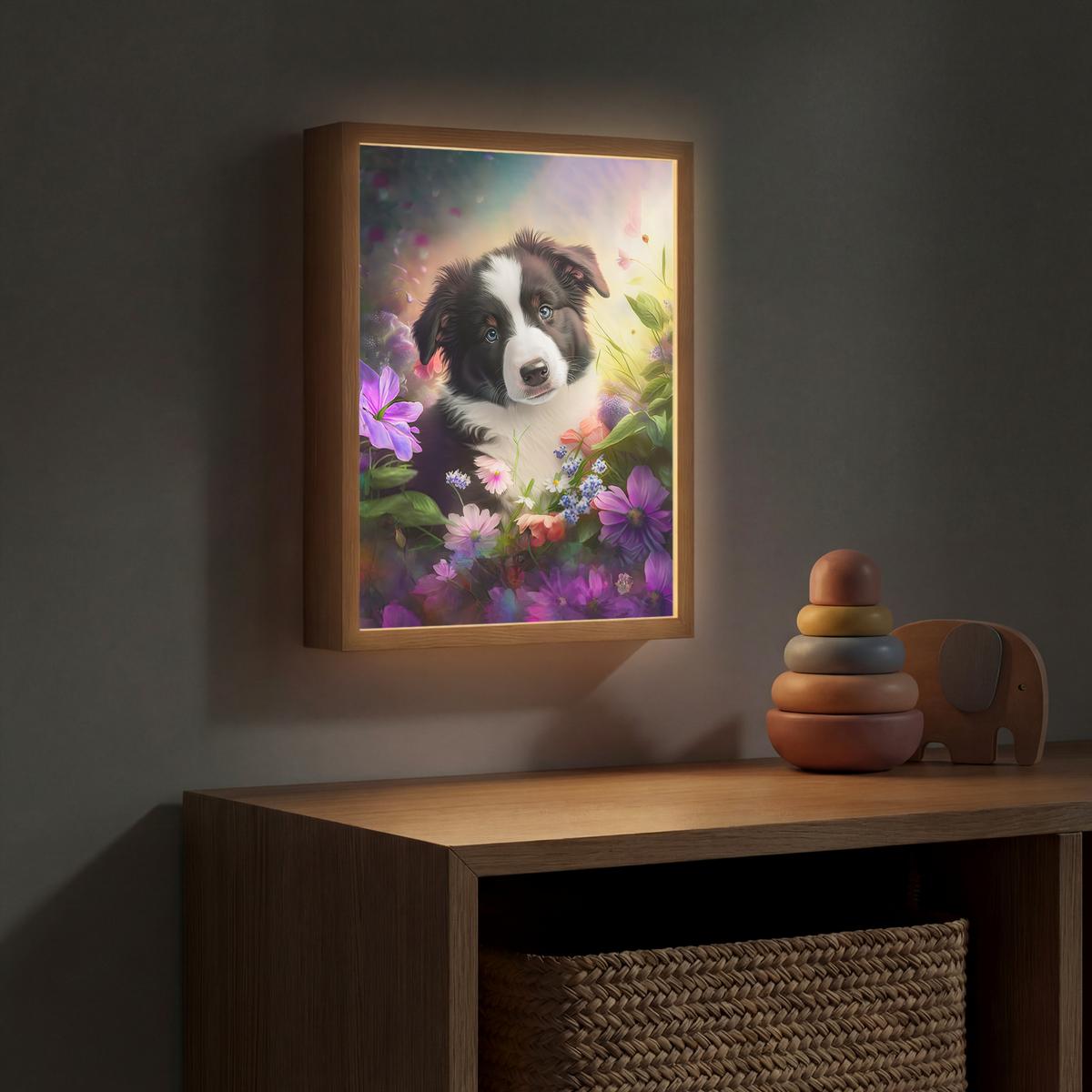 WANDLEUCHTE MIT AKKU Welpe - Sonne - Blumen - Natur - Border Collie - Hund 30x40 cm - Violett, Holzwerkstoff (30/40/8cm) - OnlyWow