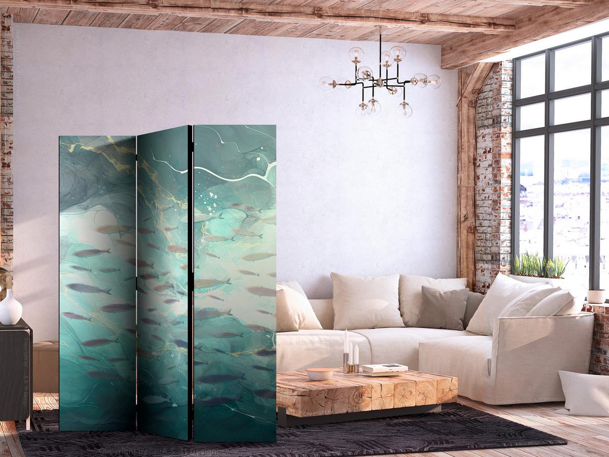 PARAVENT Beidseitig Bedruckter 3-tlg 135x172 cm Fische Im Meer Boho - Multicolor, Holz/Textil (135/172/3cm) - Muralo