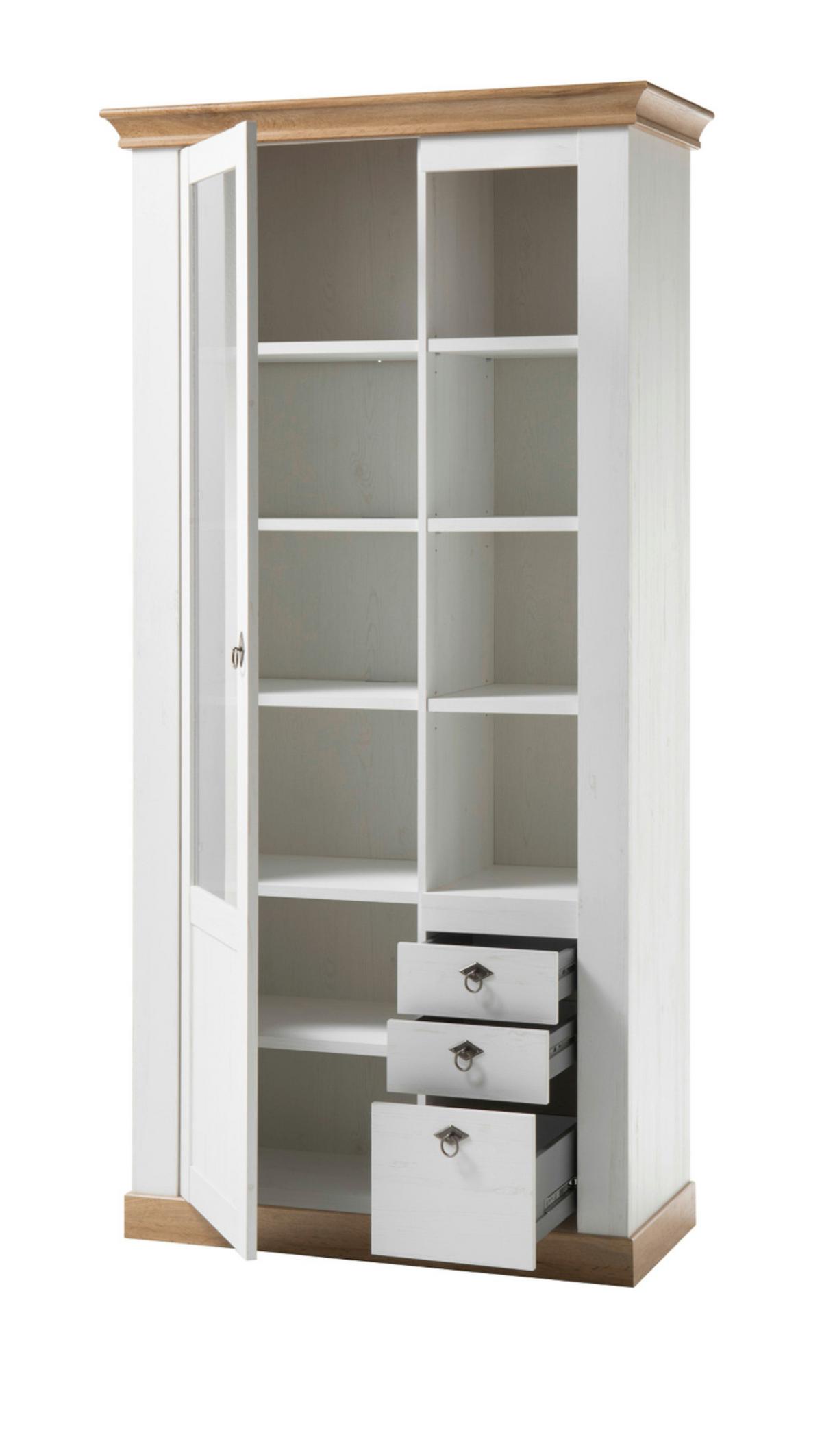 WOHNWAND 4-teilig weiß Pinie, Eiche Wotan 376 cm, Schrankwand im Landhaus-Stil - Silberfarben/Eiche Wotan, Glas/Holzwerkstoff (376/204/52cm) - Furn.Design