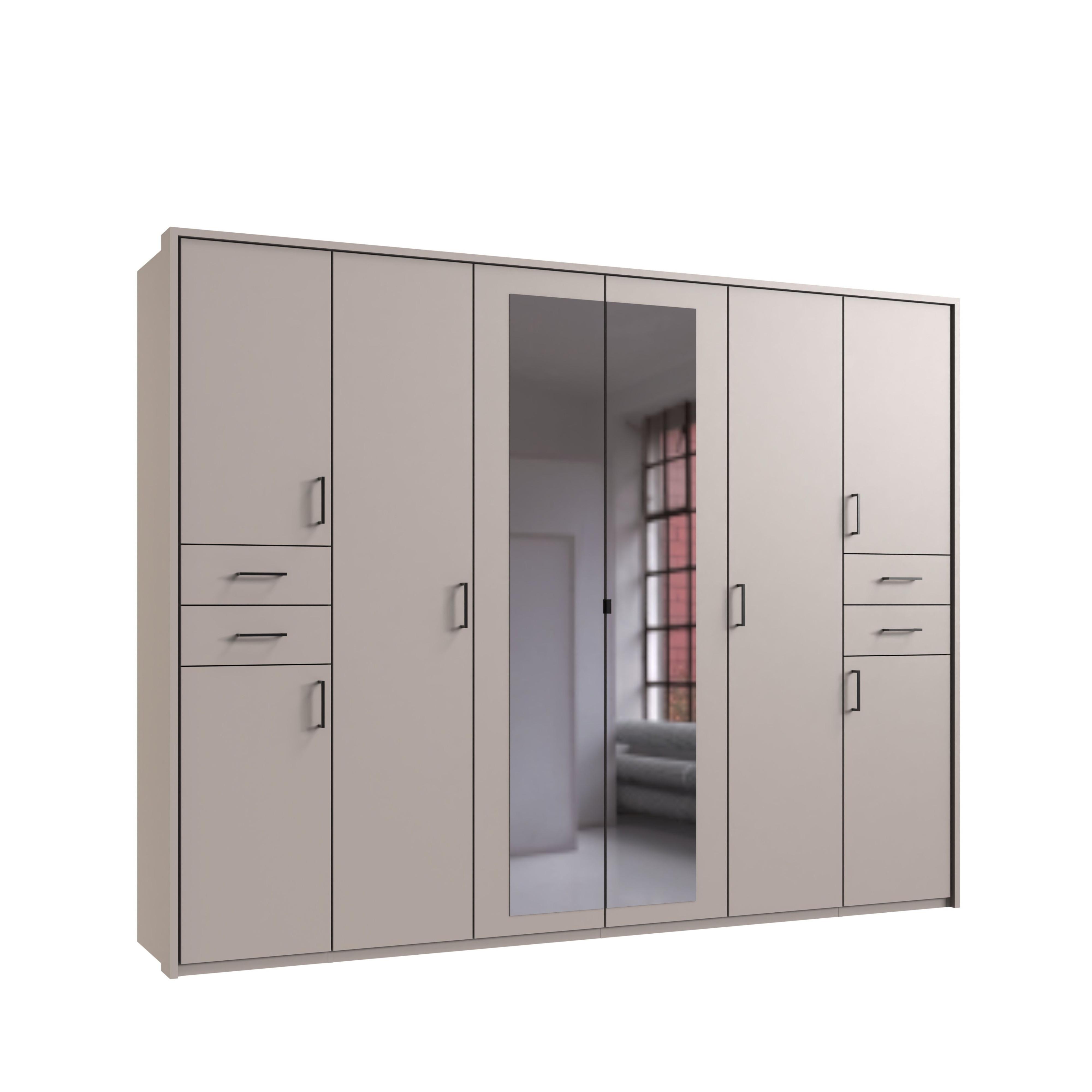 DREHTÜRENSCHRANK B273/H210/T58 cm in Beige Grau, Kleiderschrank mit Passepartout & 2 Spiegeltüren & Schubkästen, Griffe schwarz / 22580 - Greige/Beige, Holzwerkstoff/Kunststoff (273/210/58cm) - luma-home