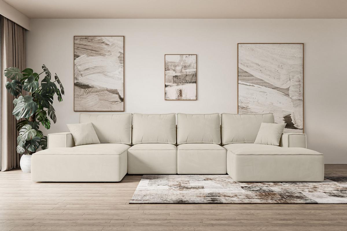 WOHNLANDSCHAFT mit Schlaffunktion und Bettkasten SIERRA-U-S - 349x161x87 cm Beige Velours - Beige/Schwarz, Holzwerkstoff/Kunststoff (349/87/161cm) - ALTDECOR
