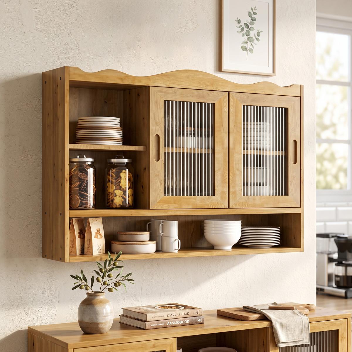 WANDSCHRANK Massivholz Schiebetüren Riffelglas Natur 3 Ebenen 90cm - Naturfarben, Holz/Holzwerkstoff (90/60/20cm) - Urban Meuble