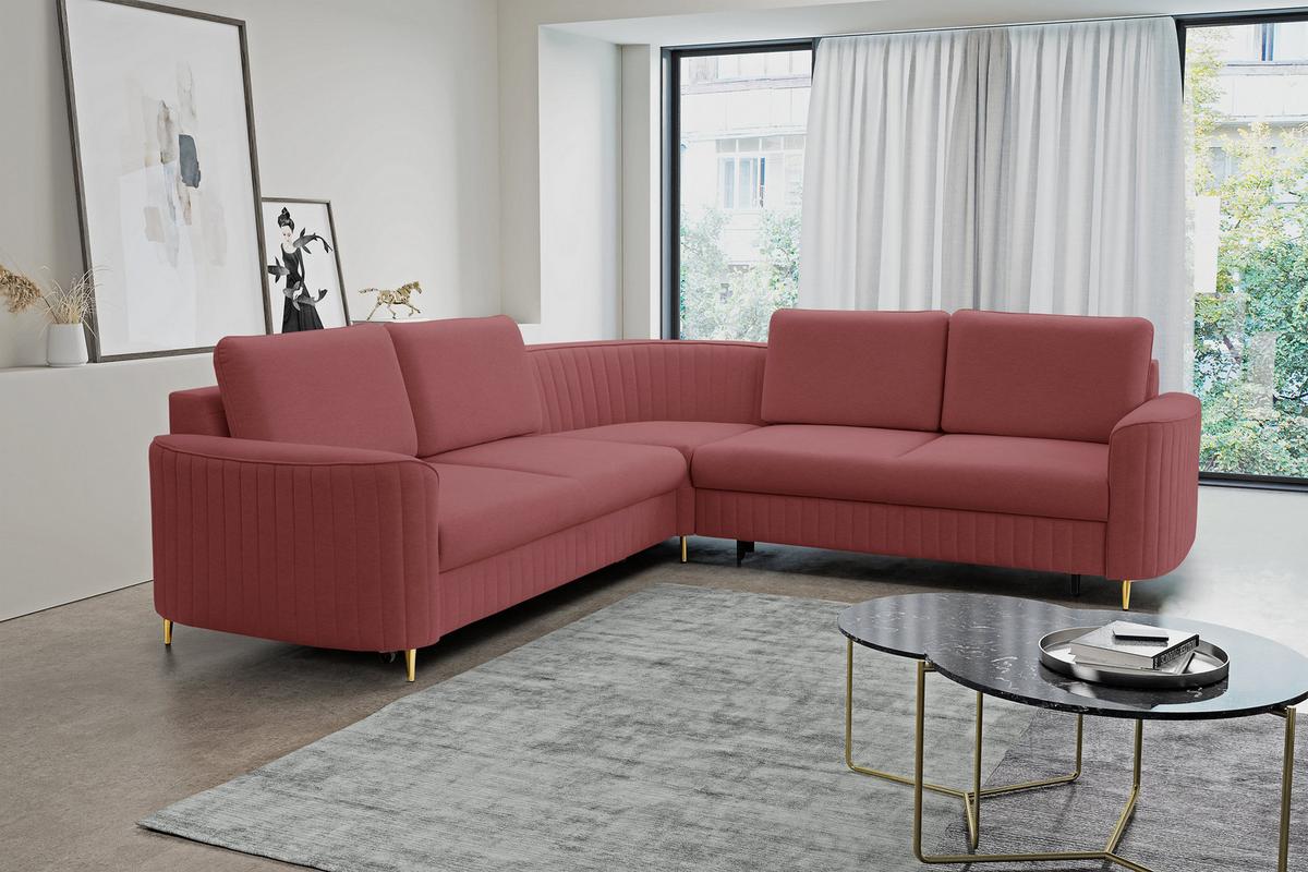 ECKSOFA VELA L-S Dunkelrot Velours-Stoff mit Schlaffunktion - Dunkelrot, Holz (251/251cm) - MASSENO