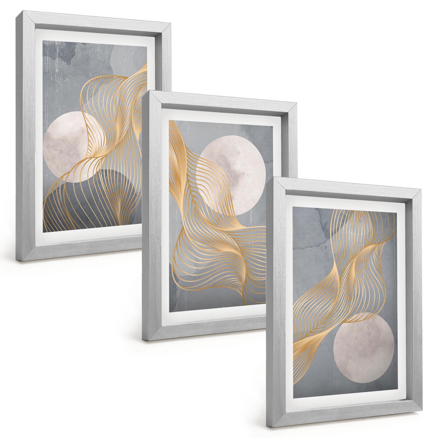 BILDER SET 3er Set - 20x30 cm Silberner Rahmen - Abstrakte Muster Wellen Kreise - Silberfarben, Kunststoff (20/30cm) - TULUP