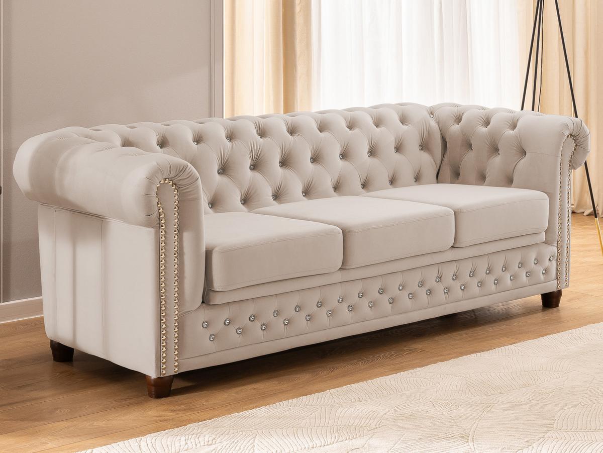 CHESTERFIELD-SOFA 3-Sitzer mit Schlaffunktion Cleo Blink Beige Samt mit Kristallsteppung und braunen Massivholzfüßen - Beige/Braun, Holz/Textil (203/72/86cm) - S-Style