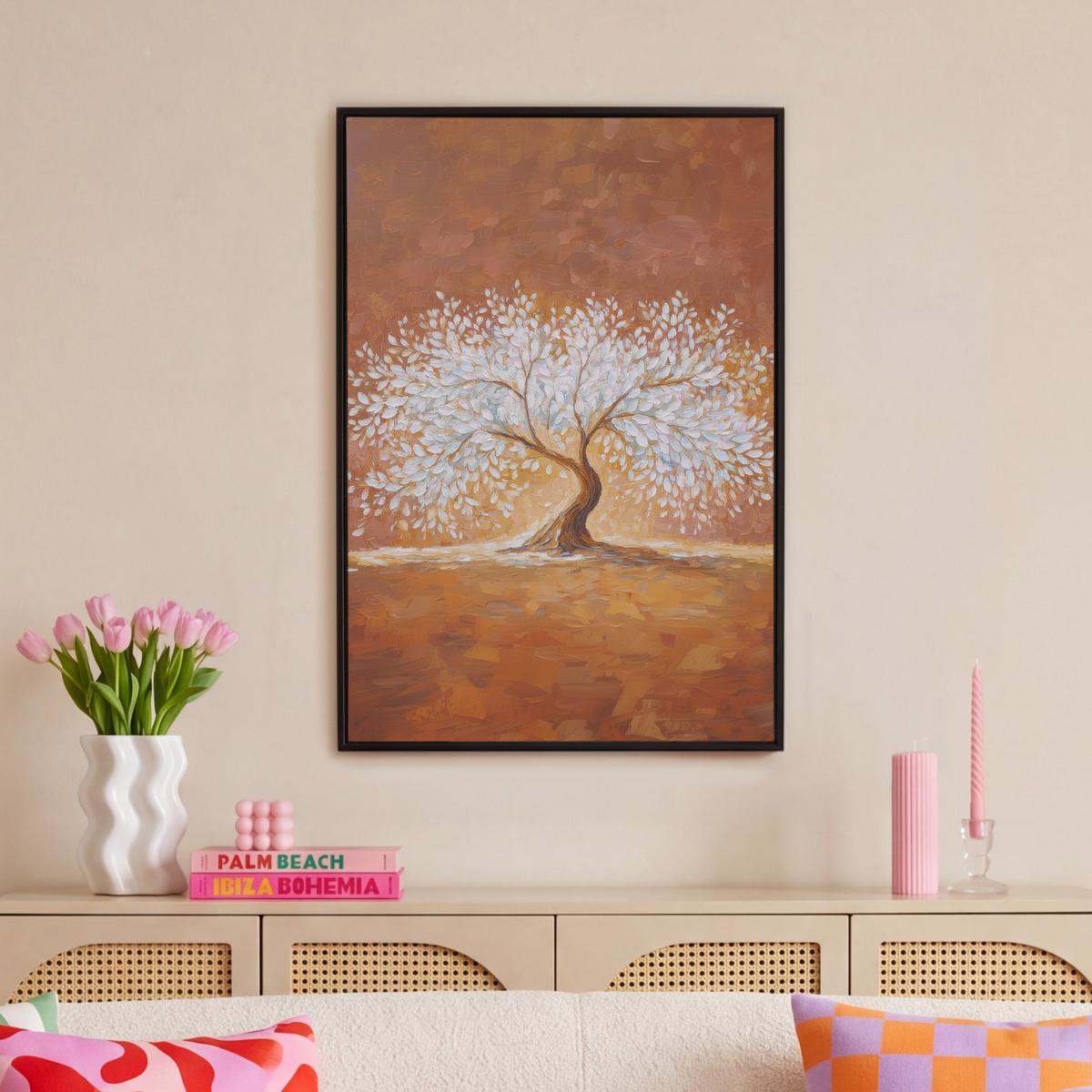 LEINWAND Bilder mit Rahmen - Abstrakt - Baum - Weiß - Blätter - 60x90 - Braun, Textil (60/90cm) - MuchoWow