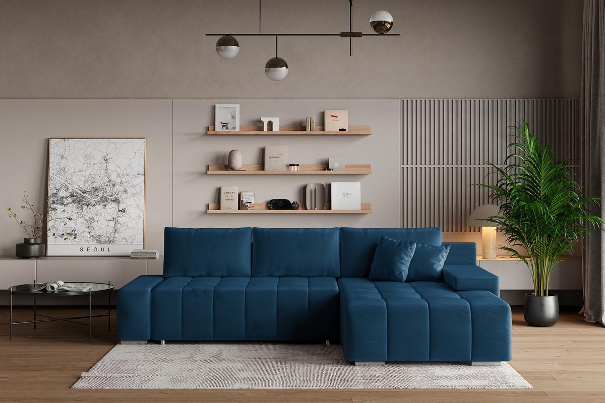ECKSOFA ALESE R-S Blau Velours-Stoff mit Schlaffunktion - Blau/Silberfarben, Holz/Textil (265/185cm) - MASSENO