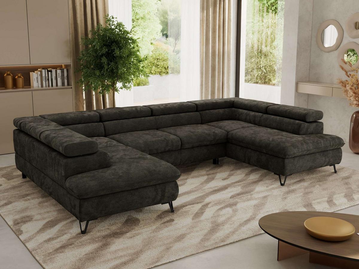 WOHNLANDSCHAFT PABLO U Schenille glatt Dunkelgrau - Dunkelgrau/Schwarz, Textil/Metall (346/76/208cm) - MKS