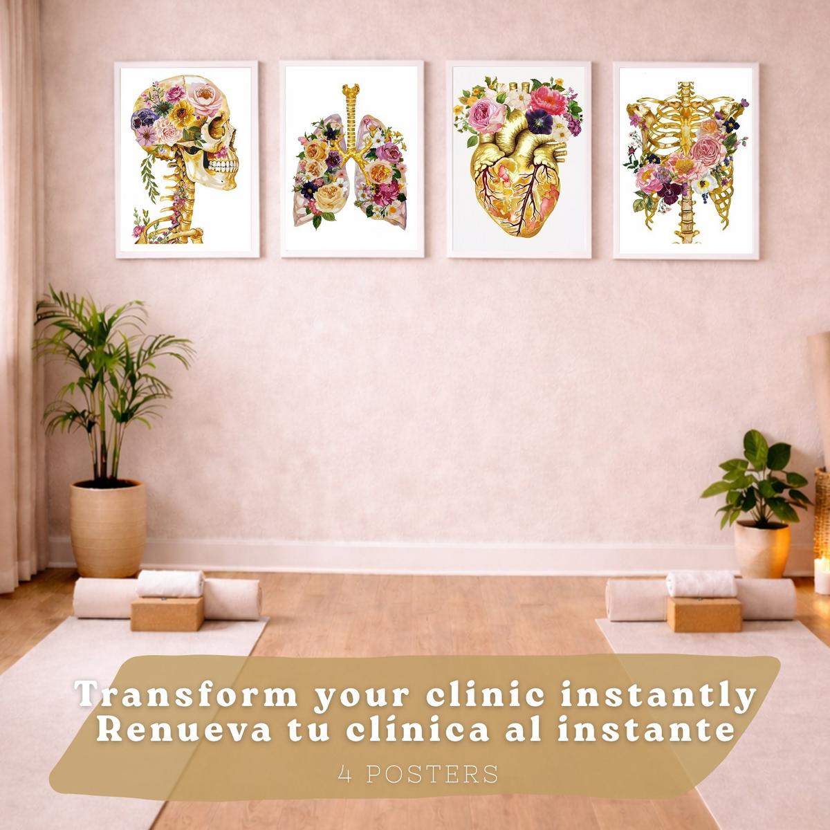 POSTER Set aus 4 Anatomie Mensch Drucke und Wandbilder mit Schädel Skelett Herz und Goldene Lungen Medizinische Wanddekoration Größe Weißer Rahmen A3 - Weiß, Papier (29.7/42/3cm) - Nacnic