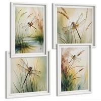 BILDER SET 4er Set - 50x50 cm & 40x60 cm Weißer Rahmen - Libellen im Gras, Wassermalerei - Weiß, Kunststoff (50/50cm) - TULUP
