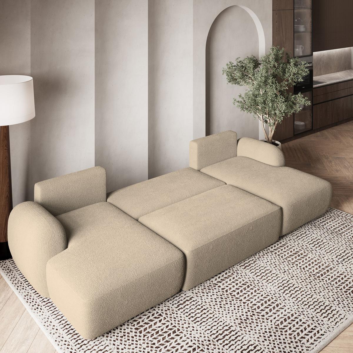 WOHNLANDSCHAFT SAVONA N Creme Boucle-Stoff mit Schlaffunktion - Creme/Schwarz, Holz/Kunststoff (320/90/148cm) - MASSENO