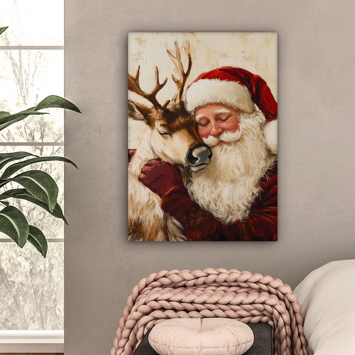 LEINWANDBILD Weihnachtsmann - Rentier - Weihnachten Wandbild Wohnzimmer 60x80 cm - Rotbraun, Textil (60/80cm) - MuchoWow