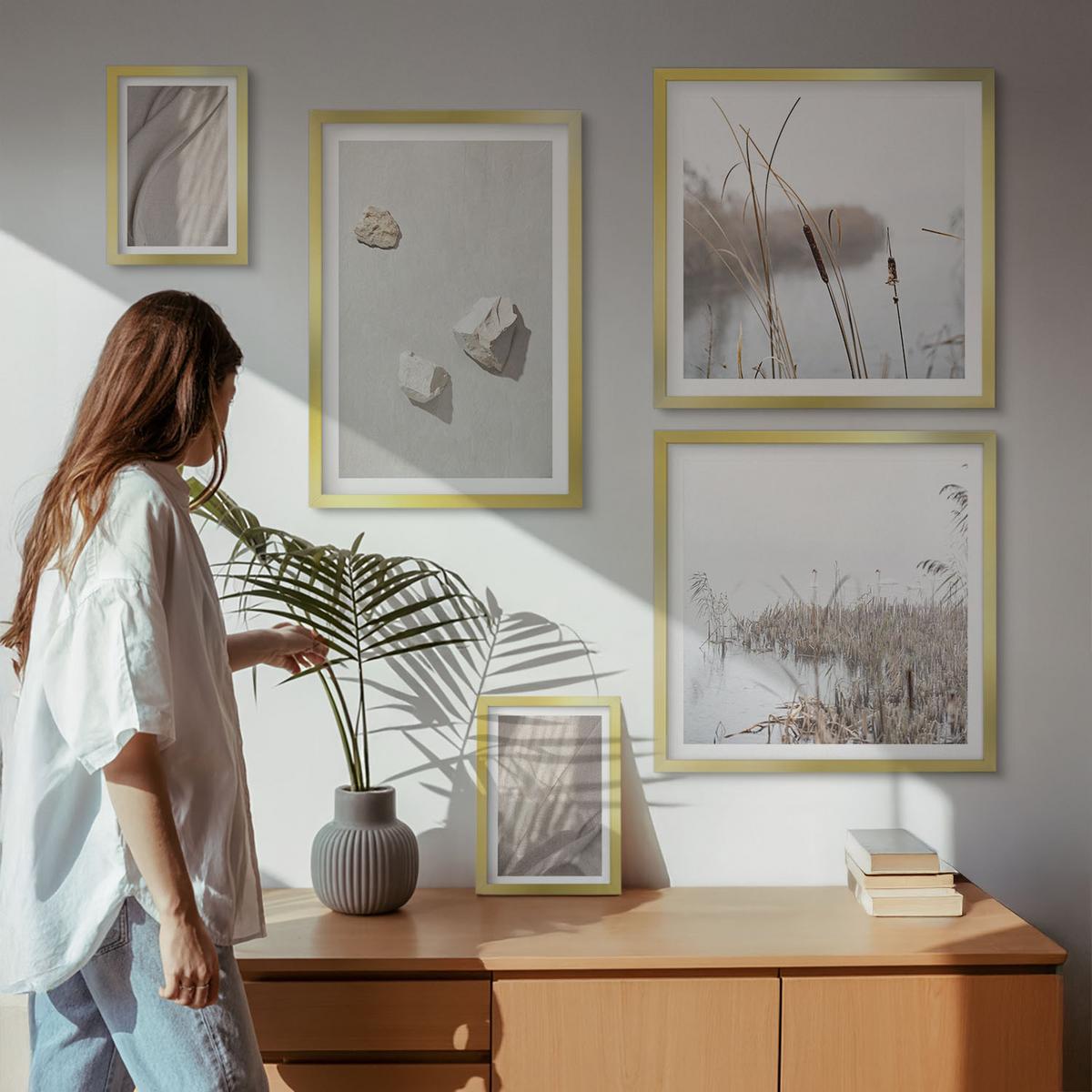 BILDER SET 5er Set - 50x50 cm & 20x30 cm & 40x60 cm Goldrahmen - Nahaufnahmen der Struktur im Boho-Stil - Goldfarben, Kunststoff (40/60cm) - TULUP