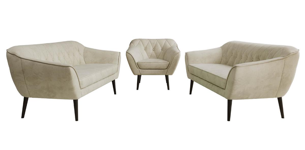 SITZGARNITUR PIRS 3+3+1 - Beige Velvet - Schwarze Beine - Beige/Schwarz, Holzwerkstoff/Textil (180/75/74cm) - MKS