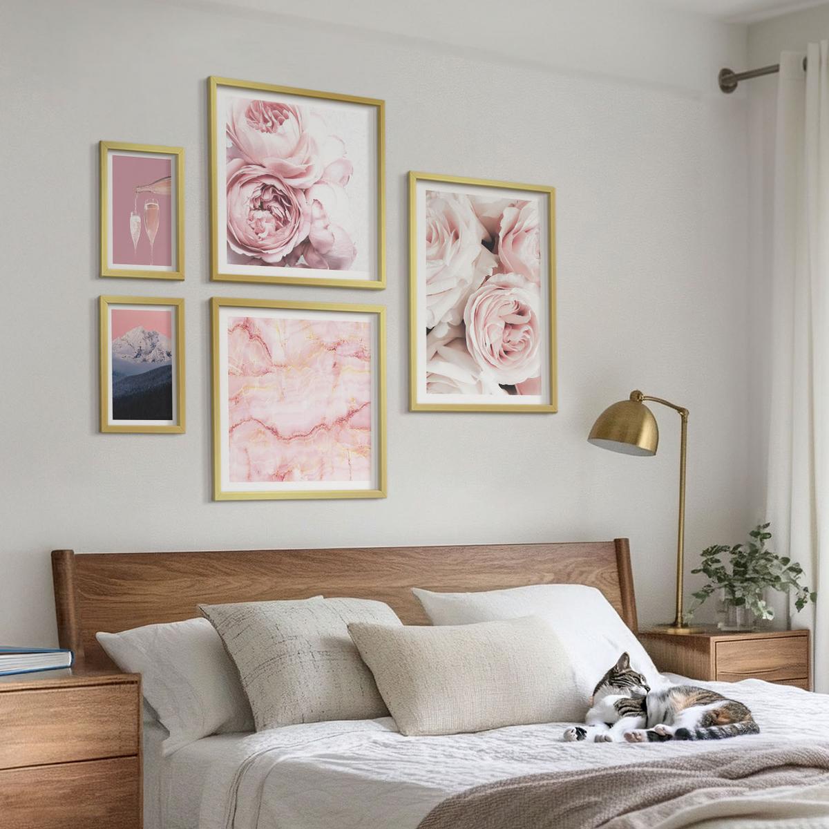 BILDER SET 5er Set - 50x50 cm & 20x30 cm & 40x60 cm Goldrahmen - Eiffels Porträt einer Frau mit Rosen - Goldfarben, Kunststoff (40/60cm) - TULUP