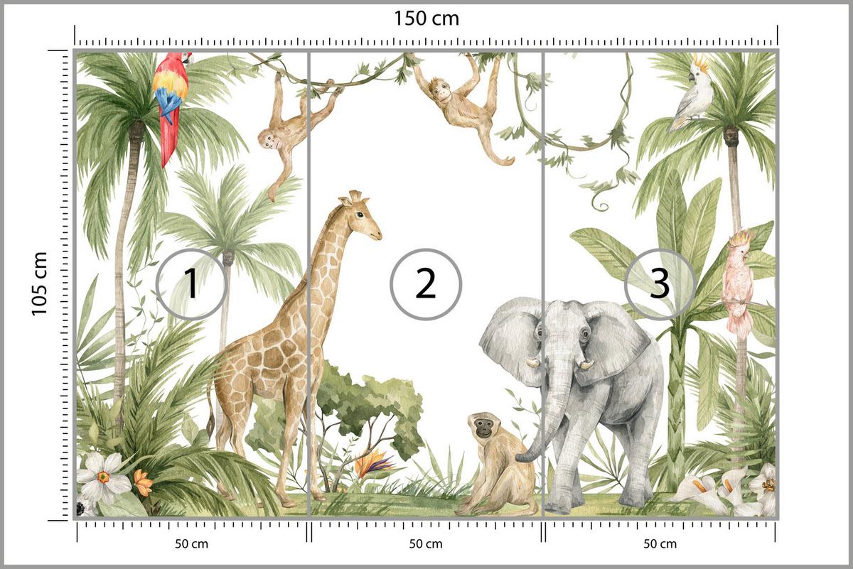 FOTOTAPETE für Kinderzimmer Dschungel Tiere Giraffe Elefant Palmen 150x105 - Beige/Rot, Papier (150/105cm) - Muralo