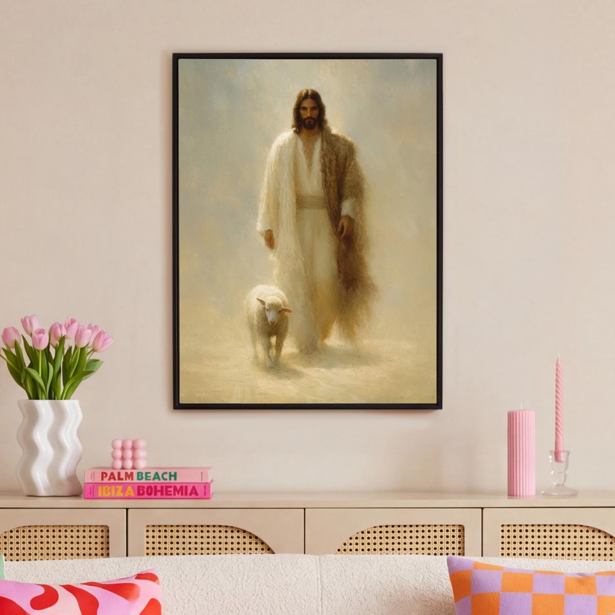 LEINWAND Bilder mit Rahmen - Schaf - Jesus - Pinselstriche - Abstrakt - 70x100 - Beige, Textil (70/100cm) - MuchoWow