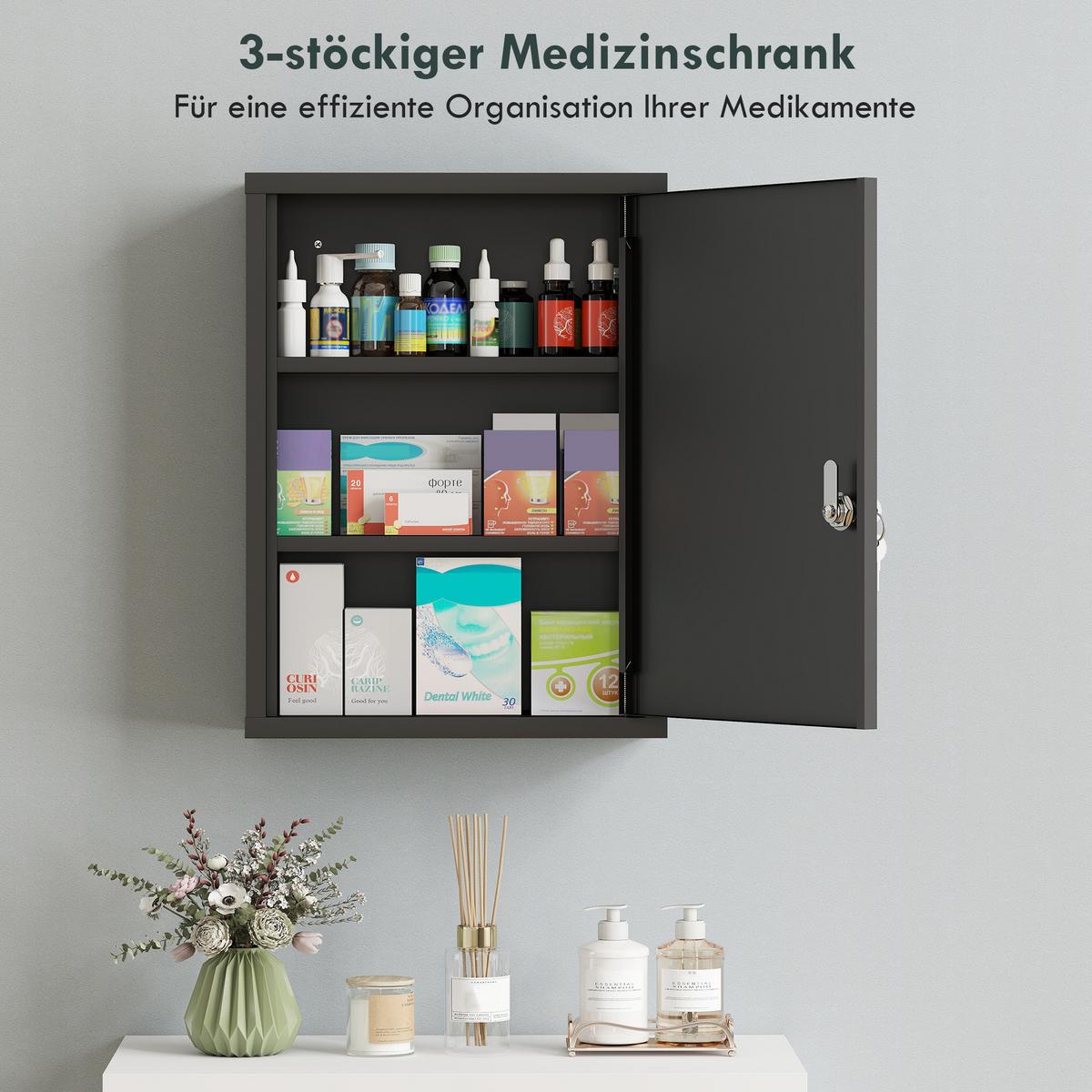 MEDIZINSCHRANK Kaltgewalzter-Stahl Schwarz - Schwarz, Metall (15/53.5/40cm) - Kleankin