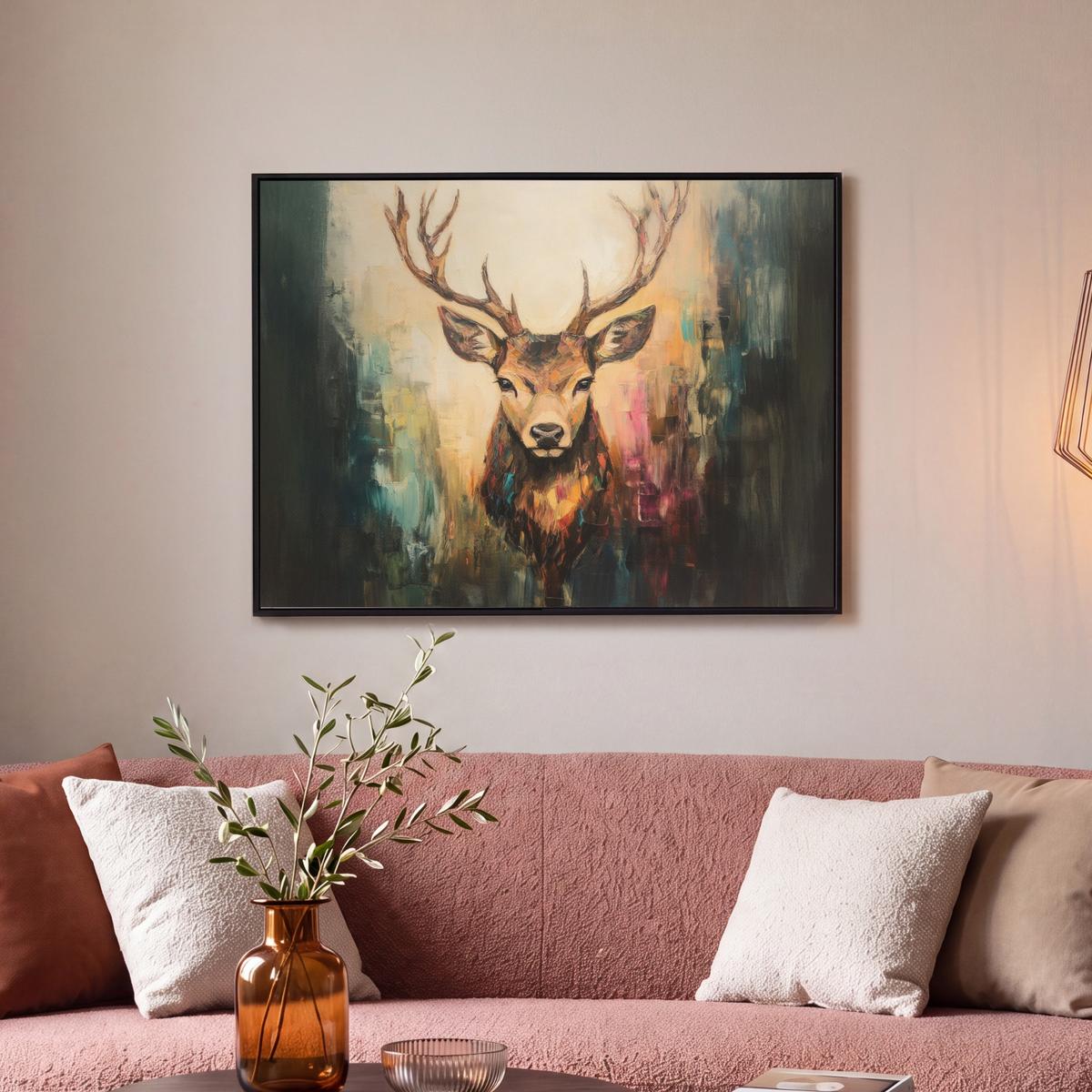 LEINWAND Bilder mit Rahmen - Hirsch - Gemalt - Geweih - Braun - 80x60 - Haselnussfarben, Textil (80/60cm) - MuchoWow