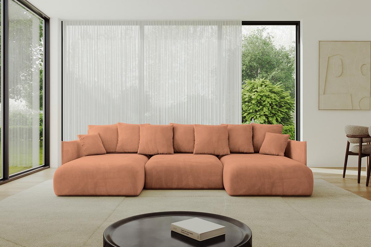 WOHNLANDSCHAFT mit Schlaffunktion und Bettkasten ONESK-U 317x177x72 Koralle Velours - Koralle, Holzwerkstoff/Kunststoff (317/72/177cm) - ALTDECOR