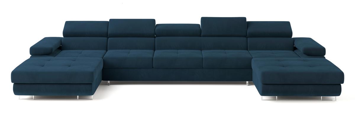 WOHNLANDSCHAFT OMBRA Blau Velours-Stoff mit Schlaffunktion - Blau, Holz (425/90/202cm) - MASSENO